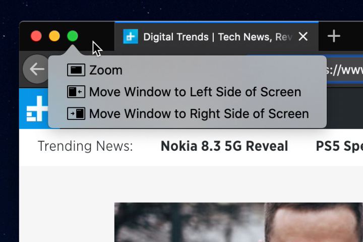 Hover over the green full-screen button in the upper-left corner of a window.