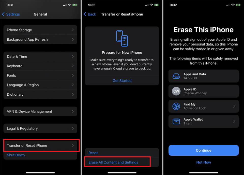 On the iPhone, navigate to Settings > General > Reset and tap “Erase All Content and Settings”. This erases the device and preps it for restoration.