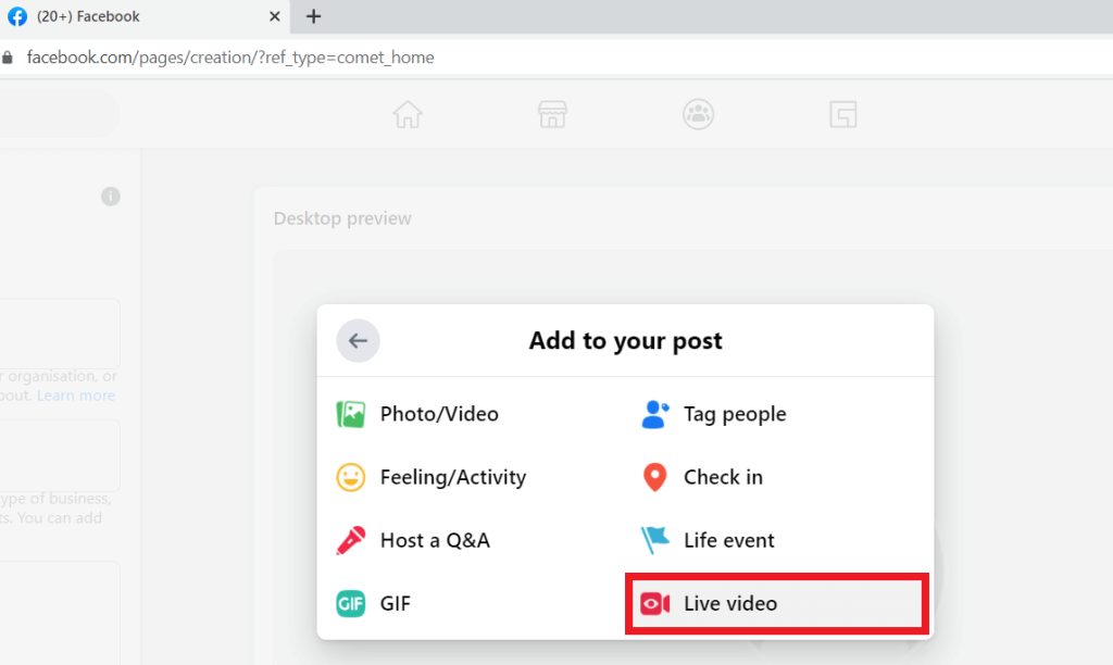 Select Facebook Live in the service tab of File > Settings > Streaming