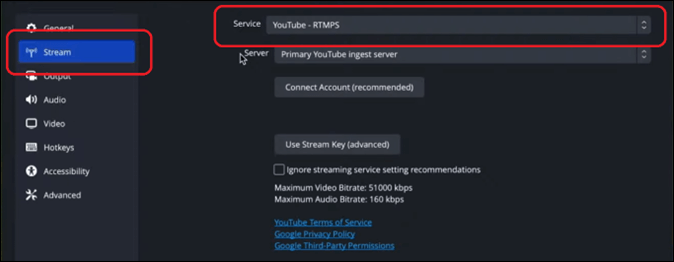 Select Primary YouTube Input Server from the drop-down menu