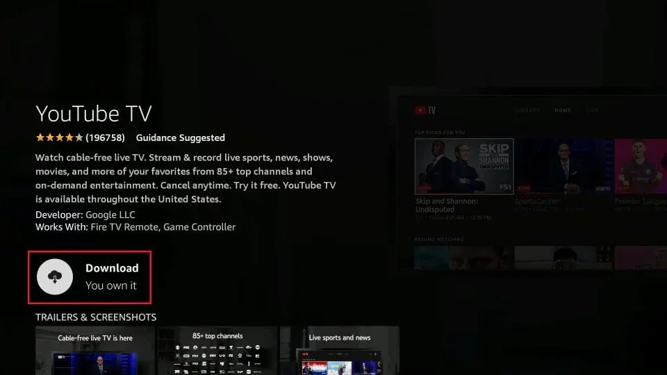 Click the "Get" Button to Download the YouTube TV App