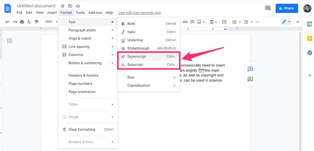 Applying Superscript Or Subscript To The Text In Google Docs
