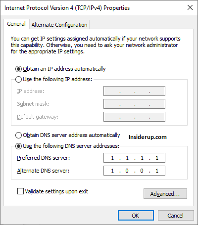Change the preferred and alternate DNS server addresses to public ones like Google or Cloudflare.
