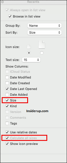 Check on the “Size” then the “Calculate all size” box from the drop-down menu.