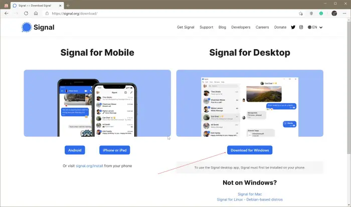 Go to the Signal website and click the button to download the Windows installer file.