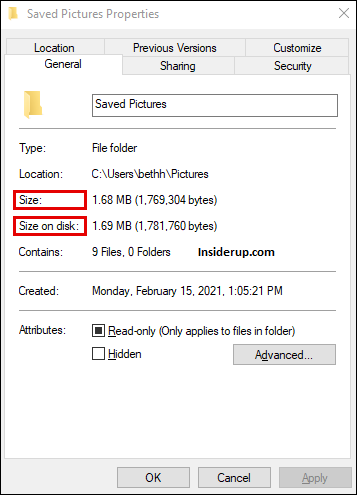 The File Properties dialogue box displays the folder “Size” and its “Size on disk.” It will also show the file contents of those particular folders.